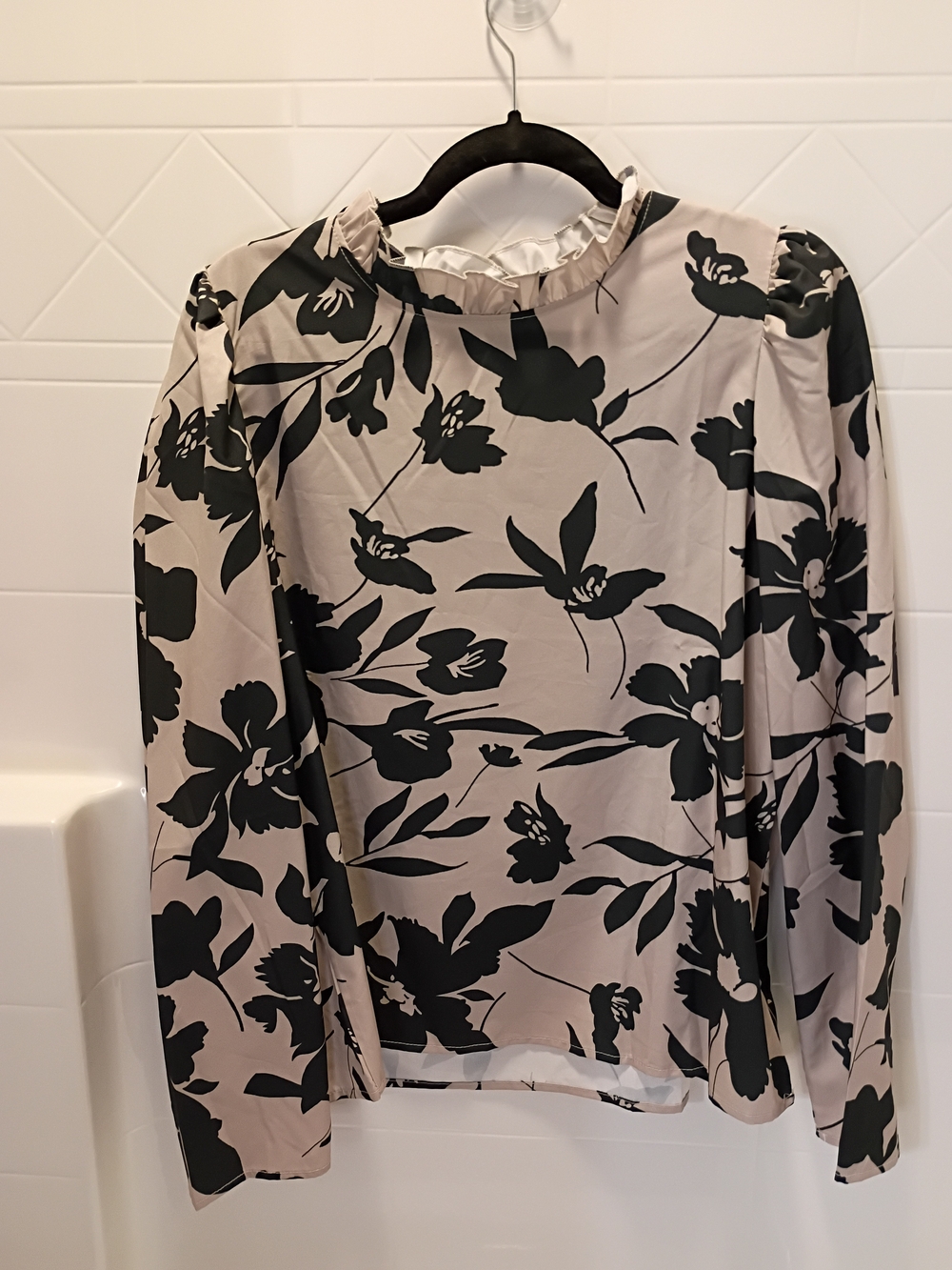 Women’s Floral Ruffle-Neck Blouse in Beige and Black